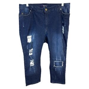Denim 24/7 Roamans Plus Size 14W Denim Capris Dark Distressed Cropped Jeans 1098